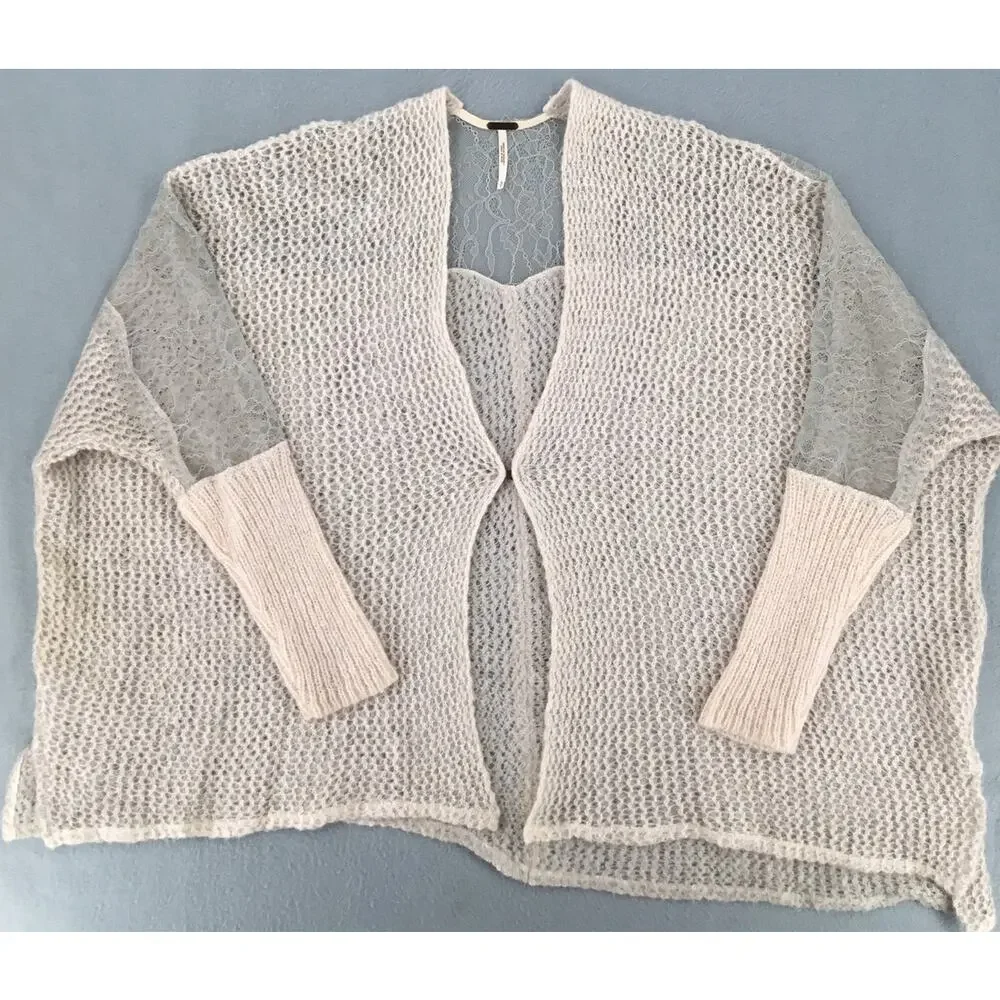 Free People Ivory Open Knit Lace Cardigan Sweater Sheer Boho Romantic